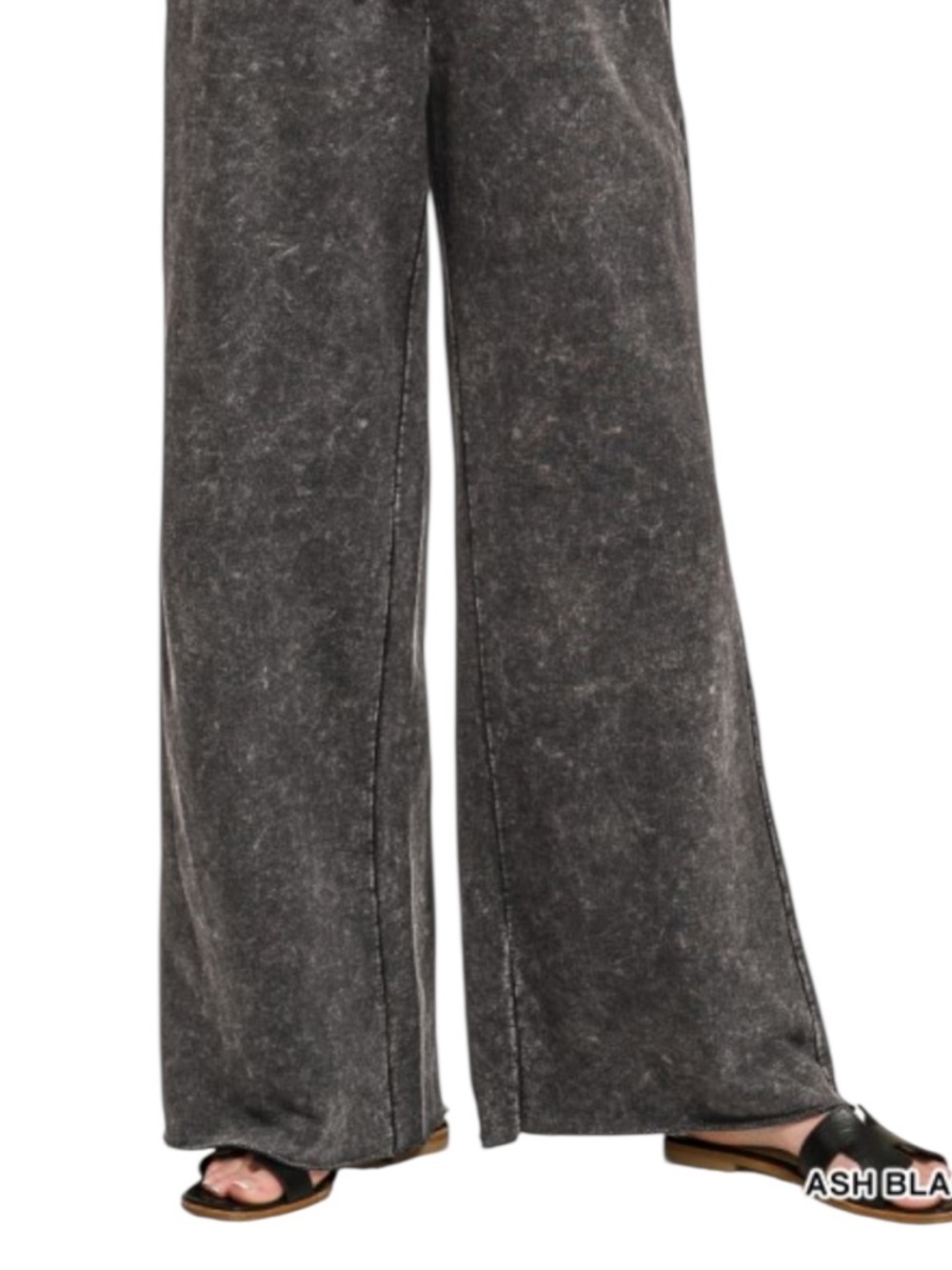 Zenana Black Wash Cotton French Terry Wide Leg Pants - Picture 3 of 8